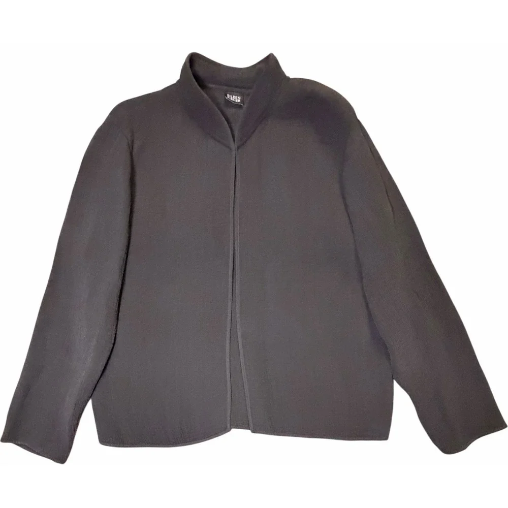 Eileen Fisher Silk Blend Crinkle Textured Open Front‎ Jacket Cardigan Black M